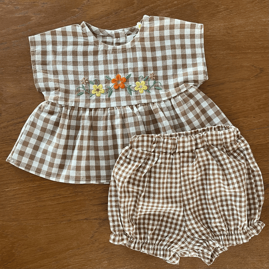 Mocha Gingham Set - Top & Bloomers